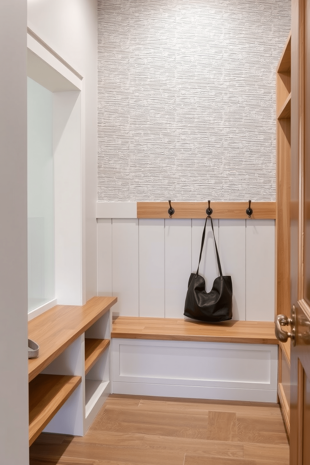 A mudroom featuring textured wall panels adds visual interest and depth to the space. The design includes built-in storage solutions, such as benches and hooks, crafted from natural wood to enhance functionality and aesthetic appeal.