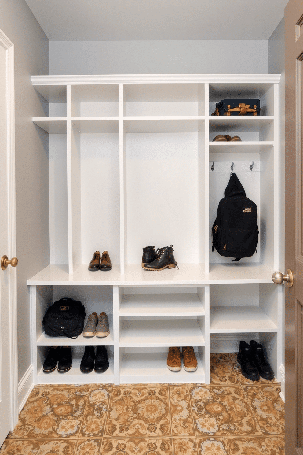 A stylish mudroom closet features built-in cubbies designed for shoes and backpacks, creating an organized and functional space. The walls are painted a soft gray, and the floor is adorned with durable, patterned tiles that can withstand heavy foot traffic.