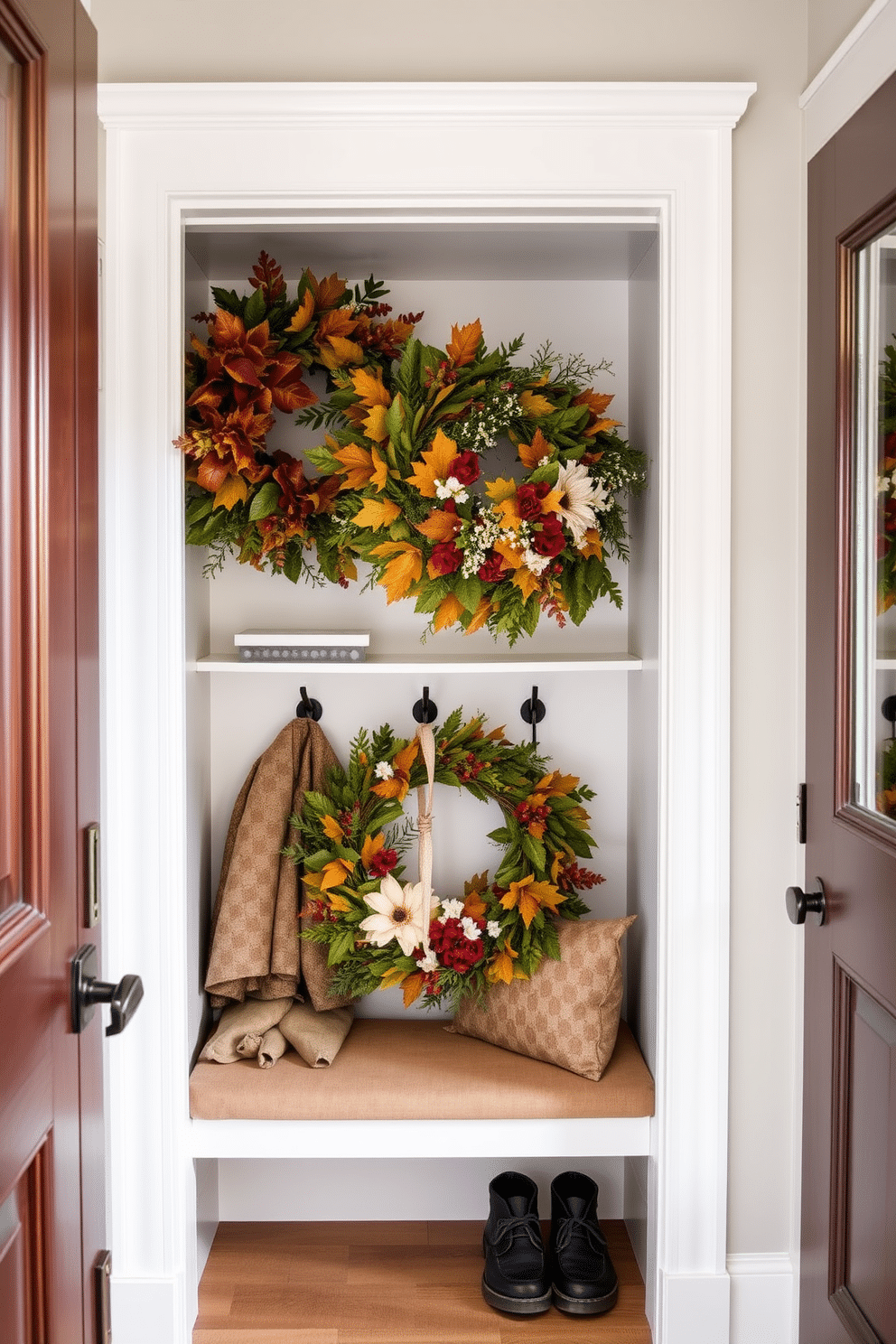 Seasonal wreaths adorned with vibrant foliage and seasonal flowers hang gracefully on the front door, inviting guests with a touch of warmth and charm. Each wreath reflects the essence of the season, featuring rich autumn leaves, delicate spring blooms, or festive holiday accents, creating a welcoming atmosphere. The mudroom closet is designed with a combination of practicality and style, featuring built-in shelving and hooks for optimal organization. Neutral tones and natural wood finishes enhance the space, while a bench with plush cushions provides a comfortable spot for putting on shoes.