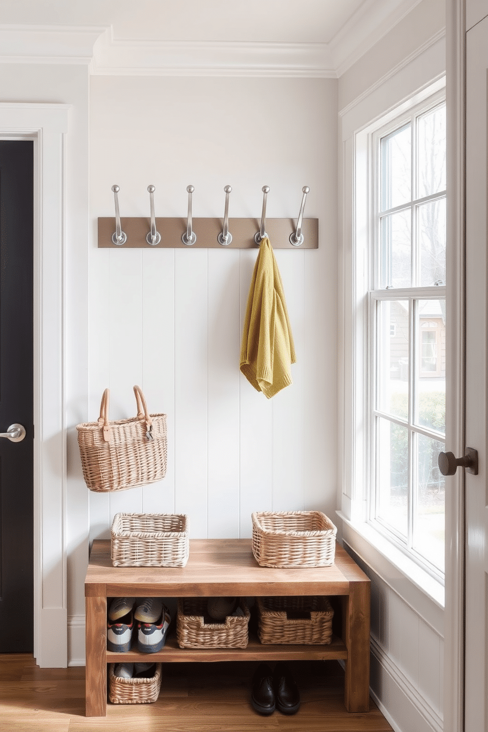 A stylish mudroom features a series of wall-mounted hooks crafted from brushed nickel, arranged neatly above a rustic wooden bench. Beneath the bench, woven baskets provide organized storage for shoes and outdoor gear, while a large window allows natural light to brighten the space.