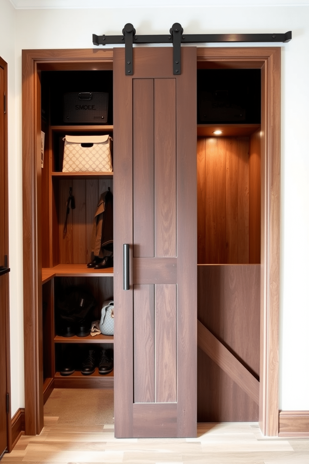 A stylish mudroom featuring a sliding barn door that seamlessly integrates into the design, providing a space-saving entry while adding rustic charm. The closet is organized with built-in shelves and hooks, perfect for storing shoes, coats, and outdoor gear, all accented by warm wood tones and soft lighting.