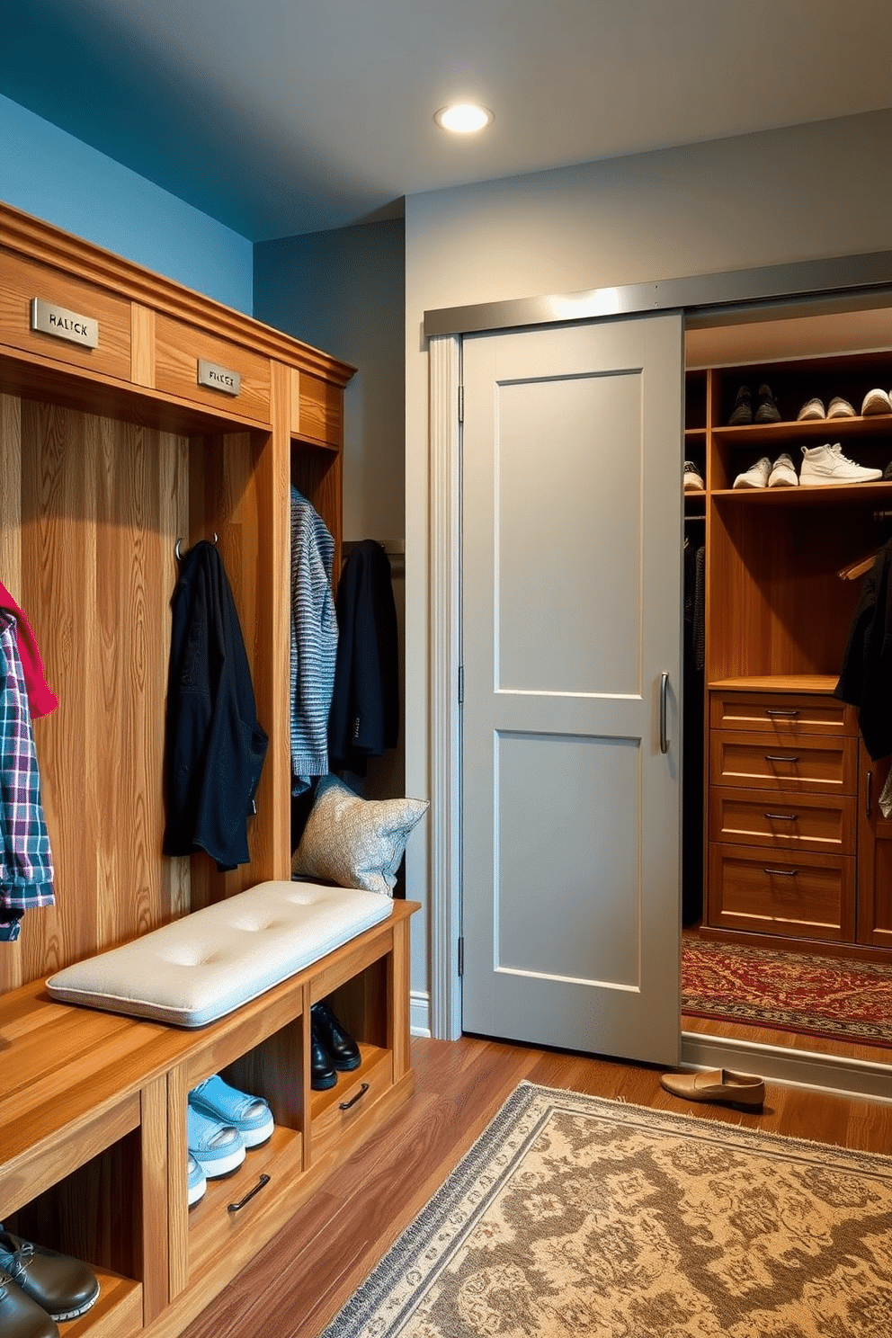 A stylish mudroom featuring built-in lockers for organized storage, crafted from rich oak wood with a natural finish. Each locker has a personal nameplate and hooks for coats, while a cushioned bench below provides a comfortable spot for putting on shoes. Adjacent to the lockers, a spacious mudroom closet showcases custom shelving and drawers for efficient storage of outdoor gear. The closet door is a sleek sliding design, painted in a soft gray to complement the overall decor, with a decorative rug adding warmth to the space.