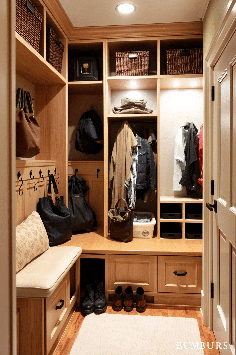 A cozy mudroom features a built-in bench with a plush cushion, providing a comfortable seating area for removing shoes. Above the bench, a series of hooks and shelves offer ample storage for coats, bags, and seasonal accessories, enhancing both functionality and style. The closet design incorporates a combination of open shelving and closed cabinetry, allowing for organized storage of outdoor gear and everyday items. Soft, ambient lighting illuminates the space, creating a welcoming atmosphere for family and guests alike.