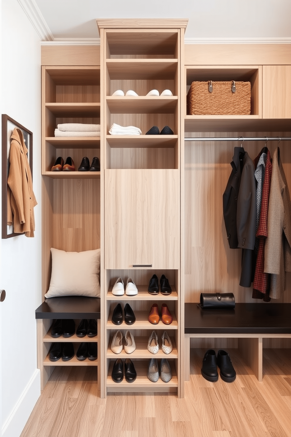 A sleek vertical shoe storage unit designed for small spaces. The unit features a combination of open shelves and closed compartments, finished in a light wood veneer to enhance the airy feel of the room. An inviting mudroom closet that maximizes functionality and style. The design includes built-in benches, hooks for coats, and a mix of cabinetry with a warm color palette to create a cozy, organized entryway.