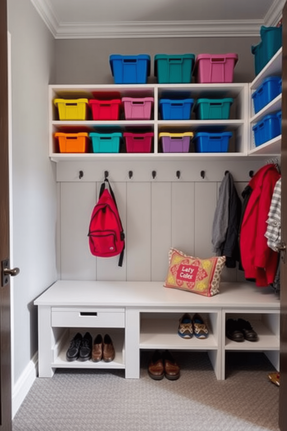 A functional mudroom closet features an array of color-coded bins neatly arranged on sturdy shelves, designed to promote family organization. The walls are painted in a soft gray hue, complemented by a durable, textured flooring that withstands daily wear and tear. Incorporating hooks for coats and backpacks, the space is both practical and stylish. A bench with built-in storage below provides a convenient spot for putting on shoes, enhancing the overall efficiency of the mudroom.