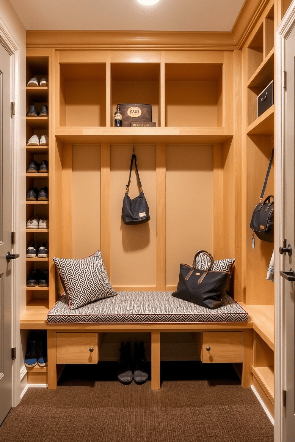 A stylish mudroom featuring built-in cubbies with a comfortable seating area. The cubbies are framed in light wood, providing ample storage for shoes and bags, while the seating is upholstered in a durable, patterned fabric.