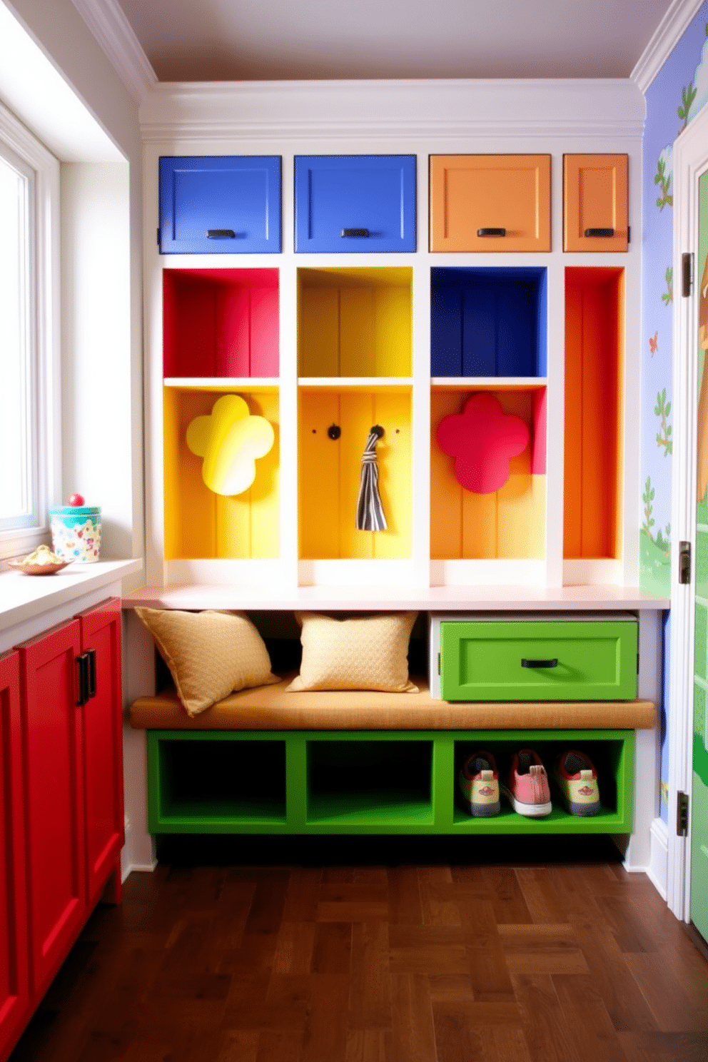 Brightly colored cubbies create a vibrant and playful atmosphere in the mudroom, inviting both children and adults to enjoy the space. Each cubby is painted in a different bold hue, with fun, whimsical shapes that enhance the overall aesthetic while providing practical storage solutions. The design includes a built-in bench beneath the cubbies, upholstered in a durable, easy-to-clean fabric that complements the colorful storage. A cheerful wall mural adds an extra layer of charm, making the mudroom a delightful entry point to the home.