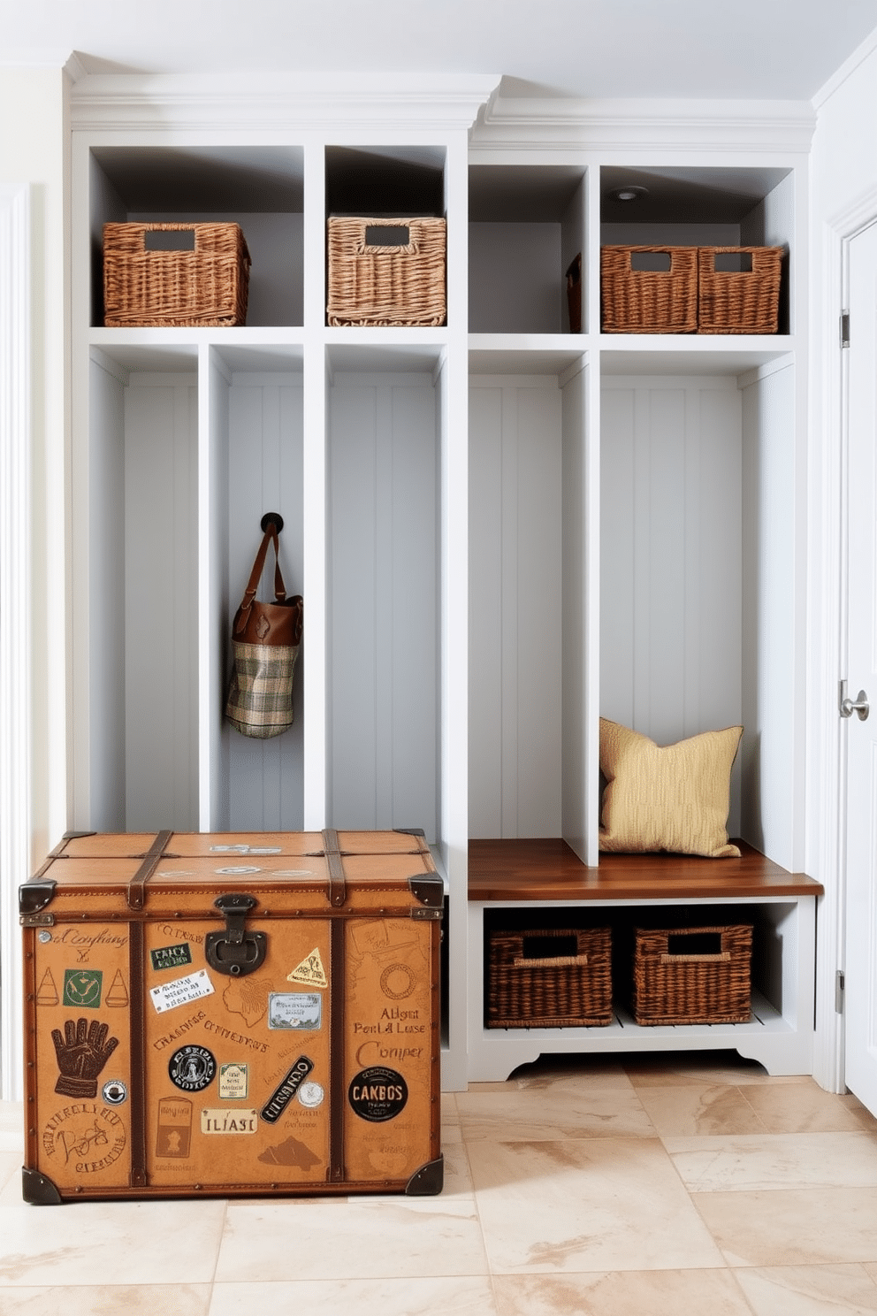 A vintage trunk sits against the wall, providing additional storage while adding character to the space. The trunk is adorned with travel stickers and leather straps, showcasing its history and charm. The mudroom features a stylish cubby design with individual compartments for each family member. Each cubby is painted in a soft pastel color, complemented by woven baskets for organization and a bench for convenient seating.