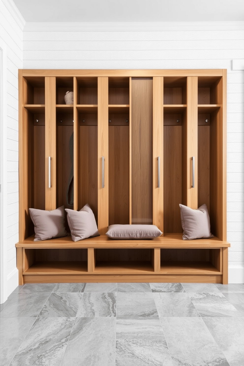 A modern mudroom featuring cubbies with sliding doors for optimal concealment. The cubbies are crafted from light wood, with sleek metal handles, and are arranged against a backdrop of textured white shiplap walls. Flooring is a durable gray tile that mimics the look of natural stone, providing both style and practicality. A bench sits beneath the cubbies, adorned with plush cushions in a muted color palette, inviting comfort and functionality.