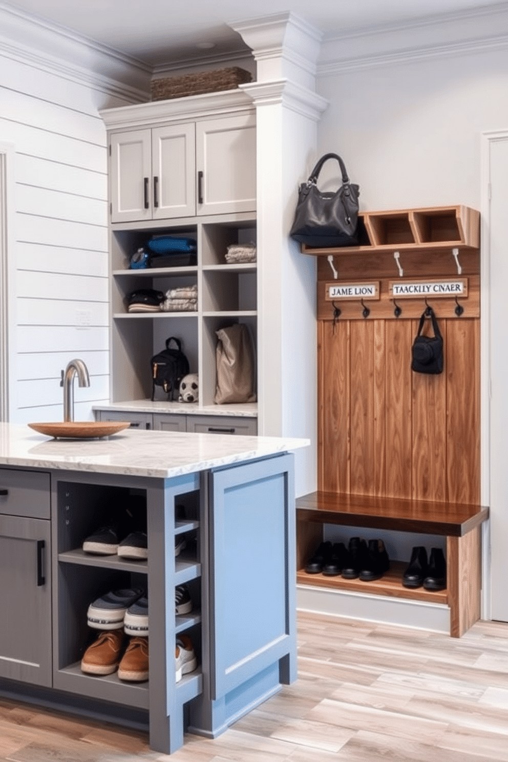 A stylish mudroom island features multi-level storage solutions, combining open shelves and closed cabinets for optimal organization. The island is topped with a durable quartz surface, providing ample space for bags and shoes, while the surrounding walls are adorned with shiplap in a soft white finish. Adjacent to the island, a custom cubby design includes individual compartments for each family member, each with a personalized label. The cubbies are framed with wood accents, and a bench below offers a comfortable spot for putting on or removing shoes, complemented by hooks above for coats and bags.