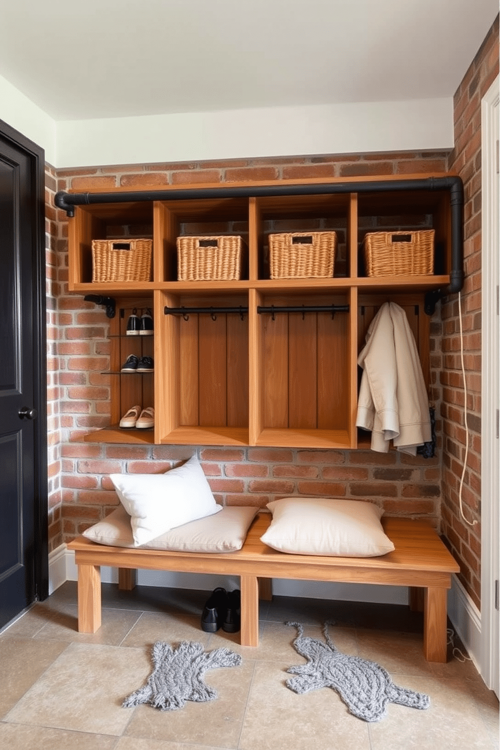 A modern mudroom featuring industrial pipe shelving with wooden cubbies. The shelving is mounted on a brick wall, providing a stylish contrast, while the cubbies are filled with neatly organized shoes and baskets for storage. The floor is adorned with a durable, textured tile that can withstand heavy foot traffic. A bench sits below the shelving, topped with plush cushions, creating a welcoming space to sit and remove shoes.