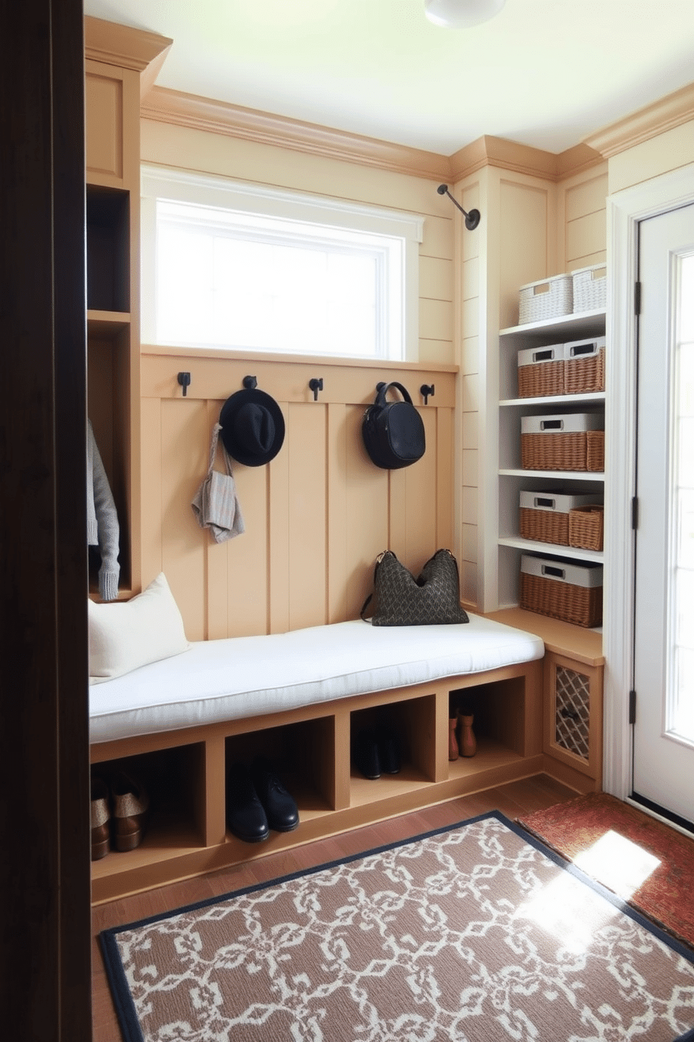 A cozy corner mudroom features a built-in bench with soft cushions, providing a comfortable spot to sit while putting on shoes. Above the bench, there are custom cubbies for storing hats, gloves, and bags, all painted in a warm, inviting color. The walls are adorned with shiplap, adding texture and charm, while a patterned area rug defines the space. Natural light floods in through a nearby window, illuminating the organized shelves filled with stylish storage baskets.