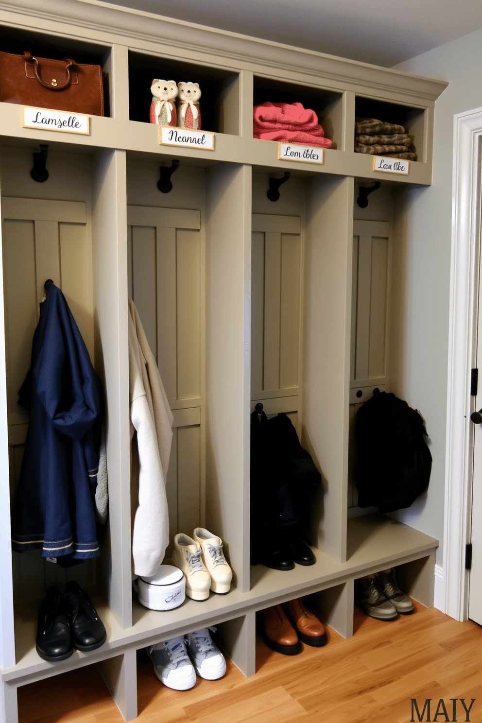 A functional mudroom features cubbies with personalized name tags for each family member, providing an organized space for coats and shoes. The cubbies are crafted from durable wood, painted in a soft, inviting color, and accented with hooks above for additional storage.