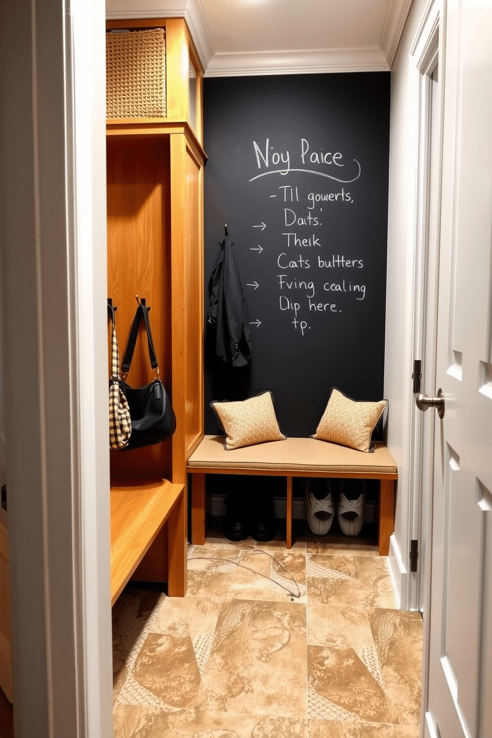 A stylish mudroom featuring a chalkboard wall, perfect for jotting down notes and reminders. The space includes built-in cubbies with hooks for coats and bags, finished in a warm wood tone. The floor is covered with durable, patterned tiles that can withstand heavy foot traffic. A cozy bench with plush cushions sits beneath the cubbies, providing a comfortable spot to sit and remove shoes.