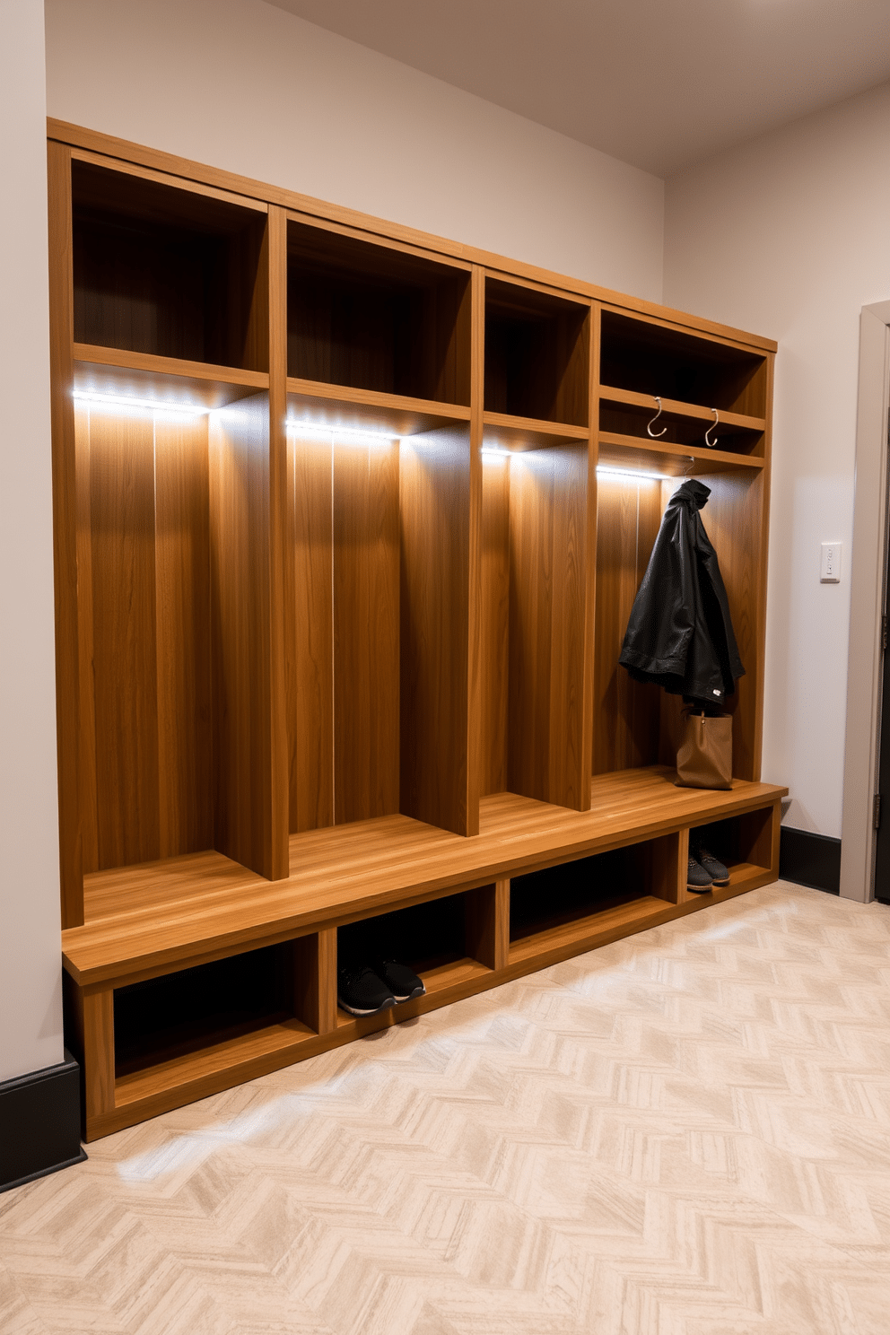 A modern mudroom featuring cubbies with integrated lighting for enhanced visibility. The cubbies are crafted from a warm wood finish, with each unit illuminated by soft LED strips that highlight the organized storage within. The floor is adorned with durable, patterned tiles that contrast beautifully with the light-colored walls. A bench sits beneath the cubbies, providing a practical seating area for putting on shoes, while hooks above offer additional space for coats and bags.