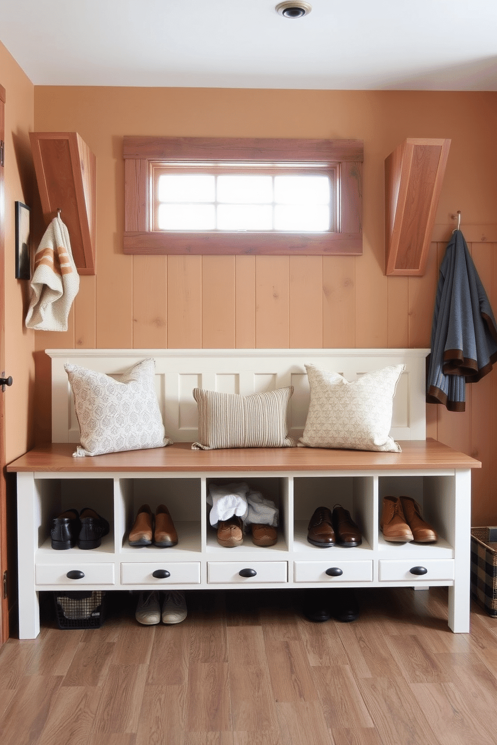 A cozy mudroom features a charming cottage-style bench with open cubbies underneath, perfect for storing shoes and outdoor gear. The bench is adorned with soft, patterned cushions, and the walls are painted in a warm, inviting hue, complemented by rustic wood accents.