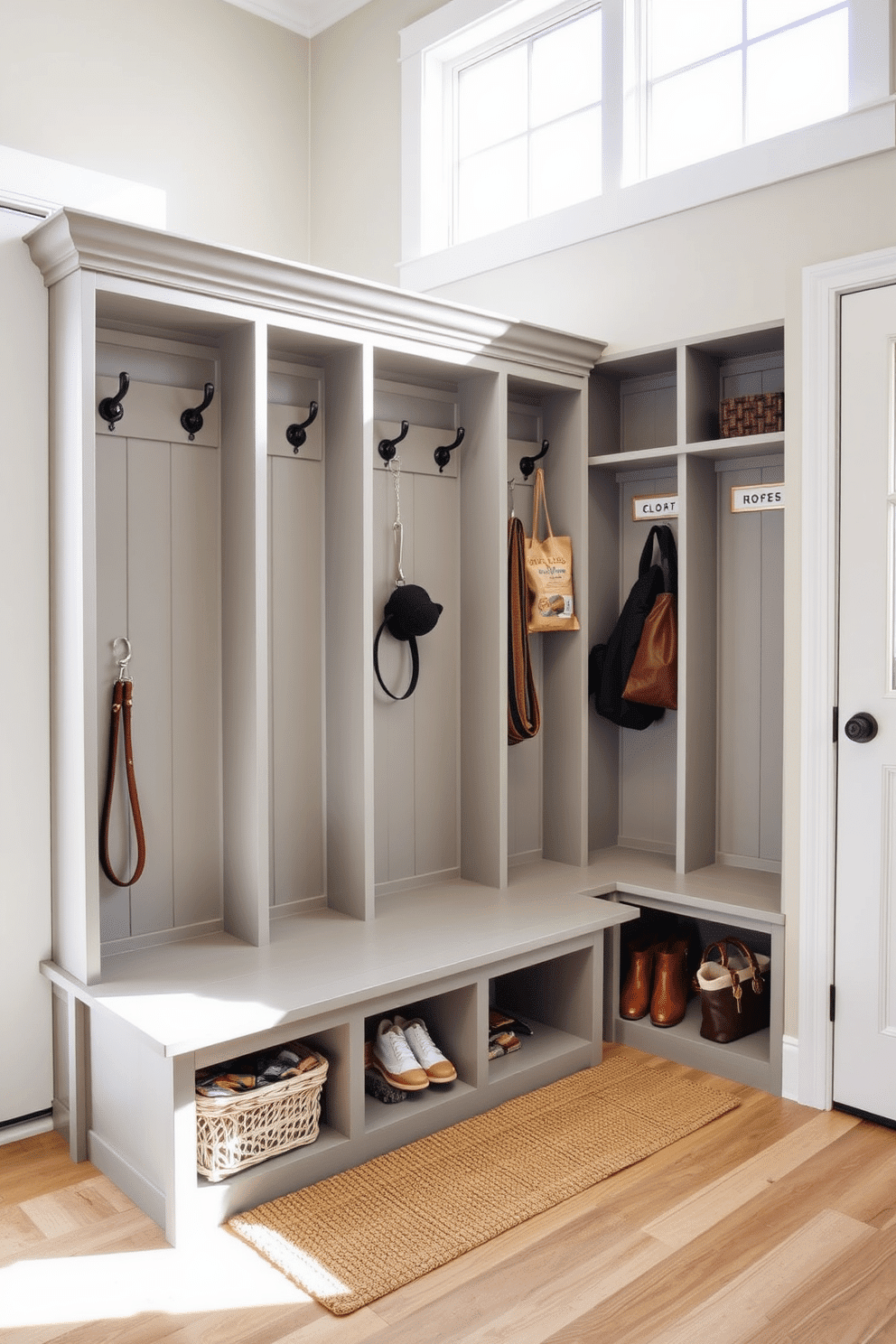 A functional mudroom cubby designed for pet supplies features a row of open cubbies, each labeled for easy organization. The cubbies are crafted from durable wood, painted in a soft gray, and include space for leashes, toys, and grooming tools, complemented by a built-in bench for convenience. The area is accented with hooks for hanging coats and bags, while a textured mat lies beneath to catch dirt and moisture. Natural light floods the space through a nearby window, enhancing the inviting atmosphere and making it a practical yet stylish entryway for pet owners.