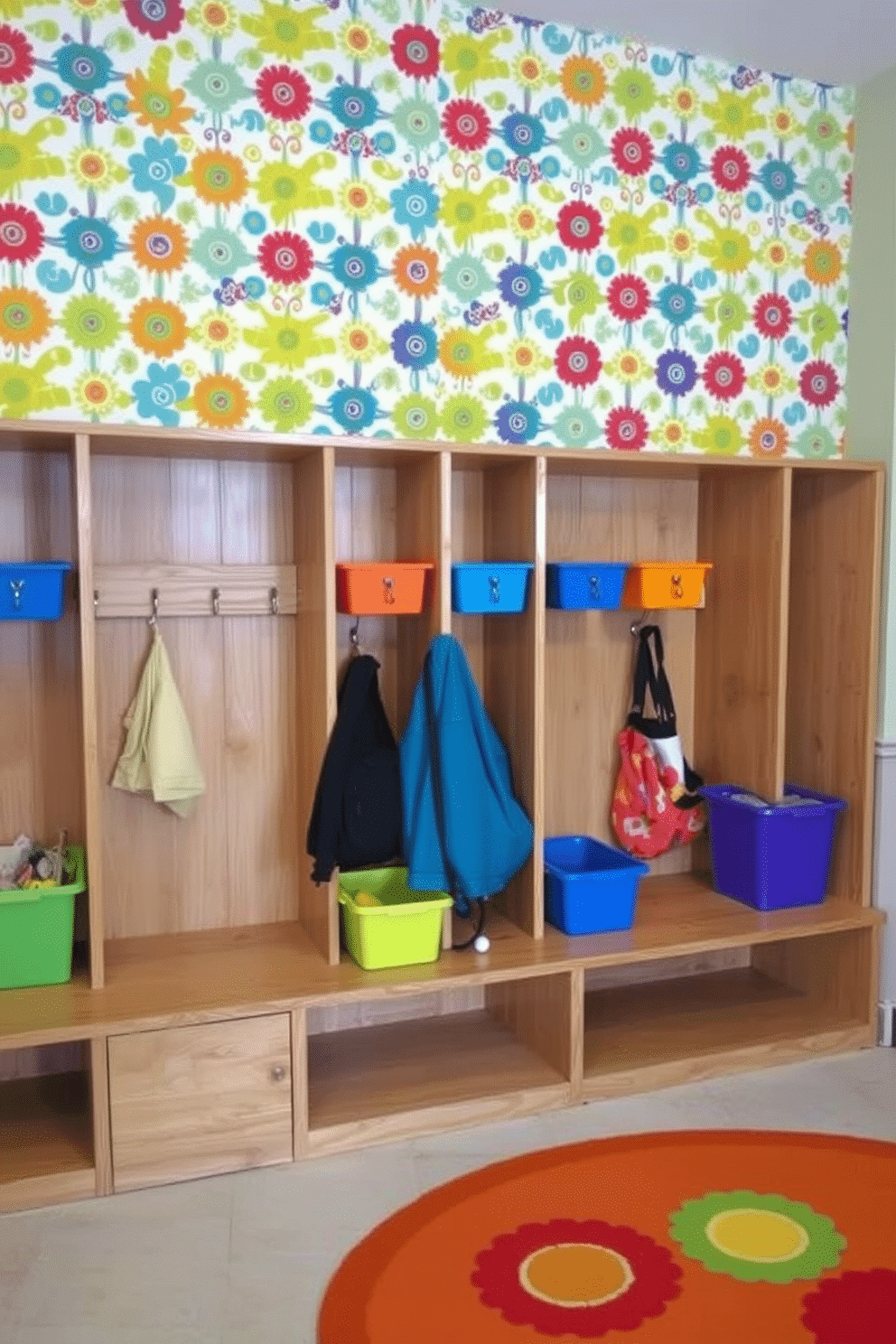 Brightly patterned wallpaper adorns the wall behind a series of wooden cubbies, creating a vibrant and welcoming atmosphere. Each cubby is neatly organized with colorful bins and hooks for hanging coats and bags, complemented by a cheerful rug beneath.