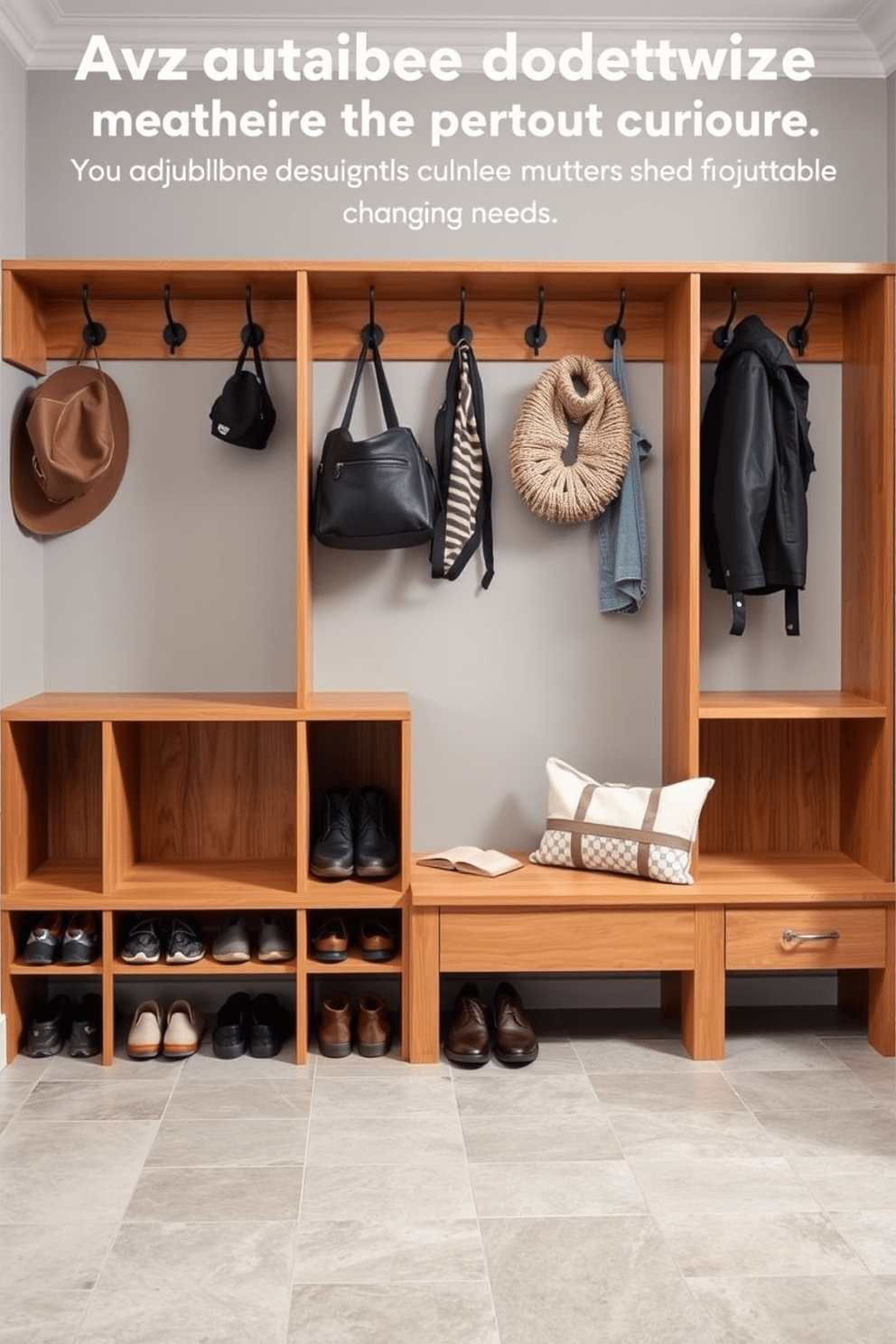 A functional mudroom featuring adjustable cubbies designed to accommodate changing needs. The cubbies are crafted from natural wood with a warm finish, providing ample storage for shoes, bags, and outdoor gear. The walls are painted in a soft gray hue, complemented by a durable tile floor that can withstand high traffic. Above the cubbies, hooks are installed for hanging coats and accessories, while a built-in bench offers a convenient seating area for putting on or taking off shoes.