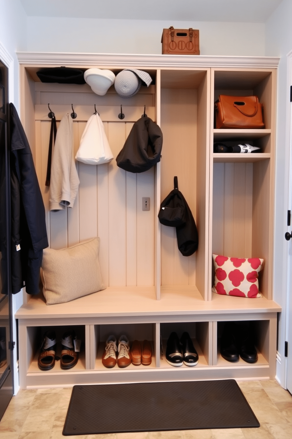 A welcoming mudroom features a built-in bench with soft cushions, perfect for sitting while removing shoes. Above the bench, a stylish coat rack holds an array of jackets and hats, while hooks provide space for bags and accessories. The cubby design incorporates individual compartments for each family member, with personalized labels for easy organization. Beneath the cubbies, a durable mat catches dirt and debris, ensuring the space stays tidy and functional.