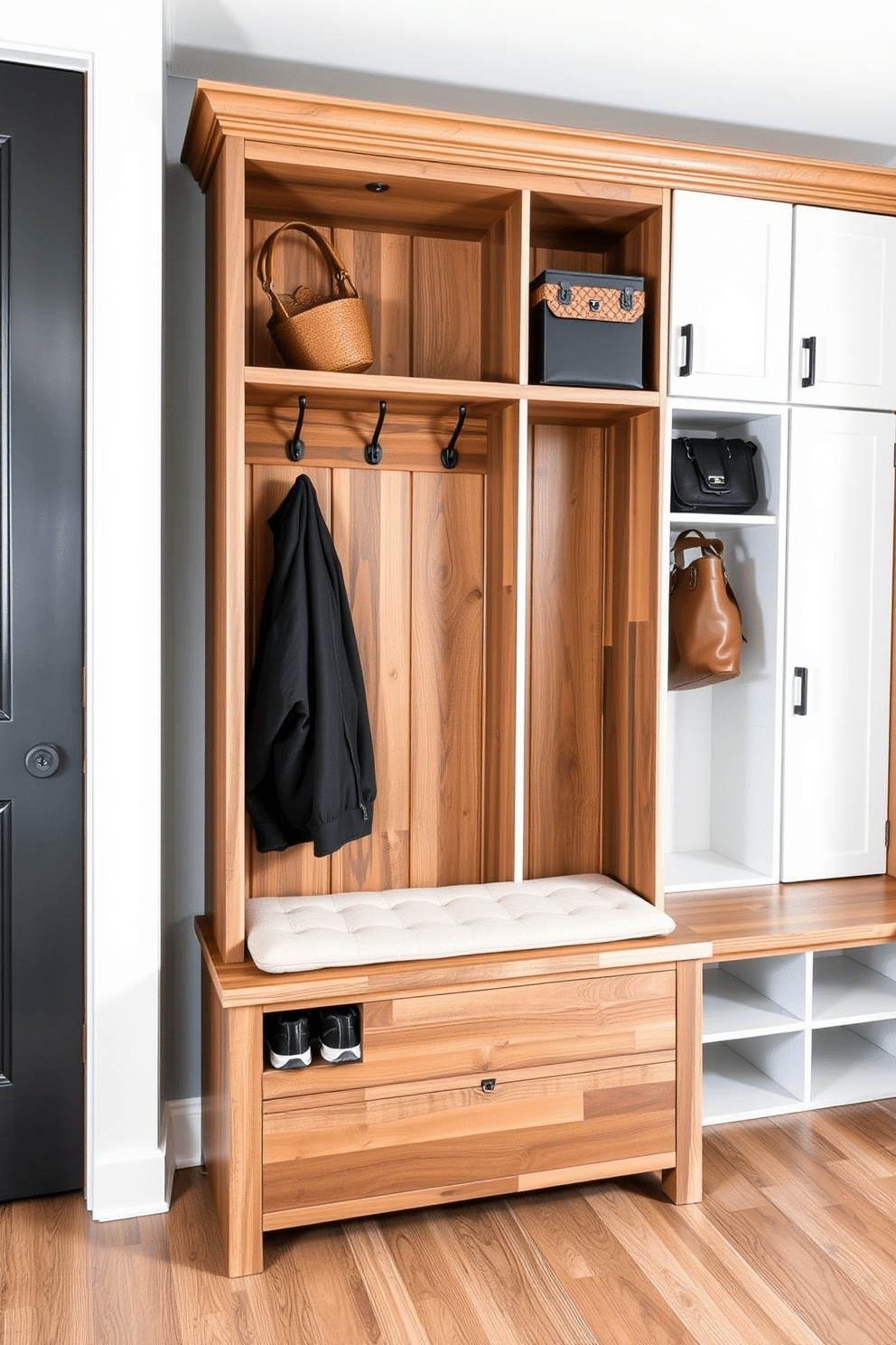 A stylish freestanding hall tree made of reclaimed wood, featuring a spacious shoe storage compartment at the base. Above the storage, a row of elegant hooks provides ample space for coats and bags, while a cushioned bench invites comfort and functionality. A modern mudroom cubby design with built-in storage, showcasing a combination of open and closed compartments. Each cubby is framed in sleek white cabinetry, accented by warm wood finishes, creating an inviting and organized space for family belongings.