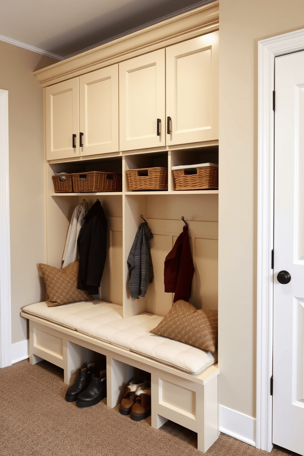 A stylish mudroom featuring cubbies with a blend of open and closed storage. The open sections display neatly arranged baskets, while the closed compartments house winter gear and shoes, enhancing organization and accessibility. The walls are painted in a soft, inviting color, complemented by a durable, textured floor that withstands heavy foot traffic. A bench below the cubbies provides a convenient spot for putting on or taking off shoes, adorned with plush cushions for added comfort.