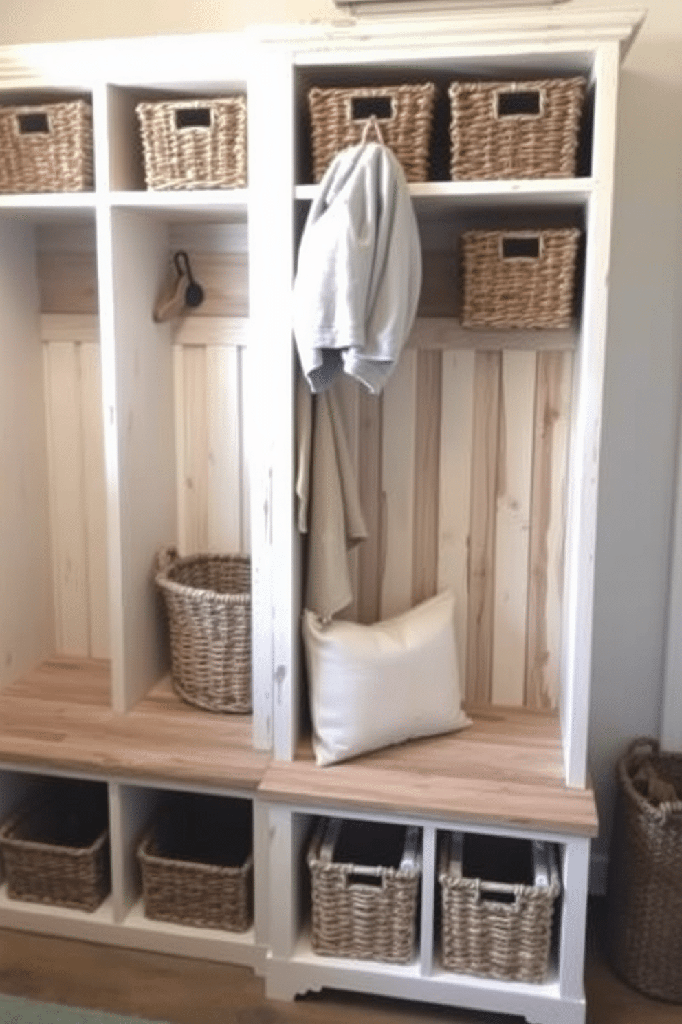 Farmhouse style cubbies with woven baskets create a warm and inviting mudroom. The cubbies are made of reclaimed wood, featuring a distressed finish, and are complemented by soft, neutral-toned baskets for storage.