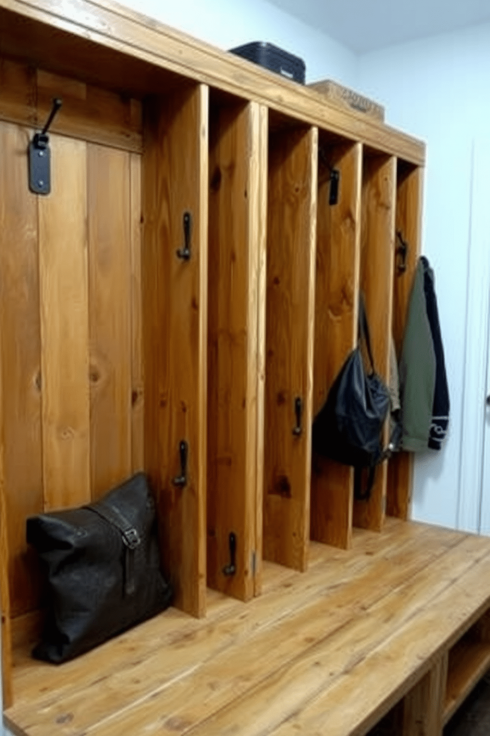 A rustic mudroom featuring wooden cubbies with metal accents, providing a blend of warmth and industrial charm. The cubbies are arranged along the wall, each equipped with hooks for hanging coats and bags, and a bench below for convenient seating.