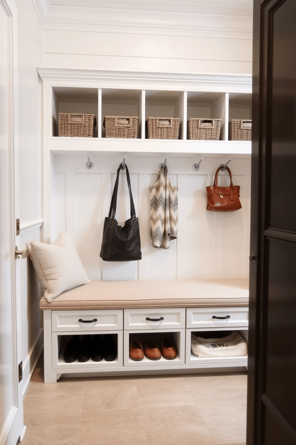 A stylish mudroom features a built-in bench with integrated storage drawers underneath, providing a functional yet elegant space for organization. The bench is upholstered in a durable fabric, while the surrounding walls are adorned with shiplap in a soft white finish, creating a bright and welcoming atmosphere. Above the bench, a series of cubbies offers additional storage for shoes and bags, each cubby lined with decorative baskets for a cohesive look. The floor is finished with a durable, weather-resistant tile in a neutral tone, ensuring easy maintenance and a seamless flow into the adjoining areas.