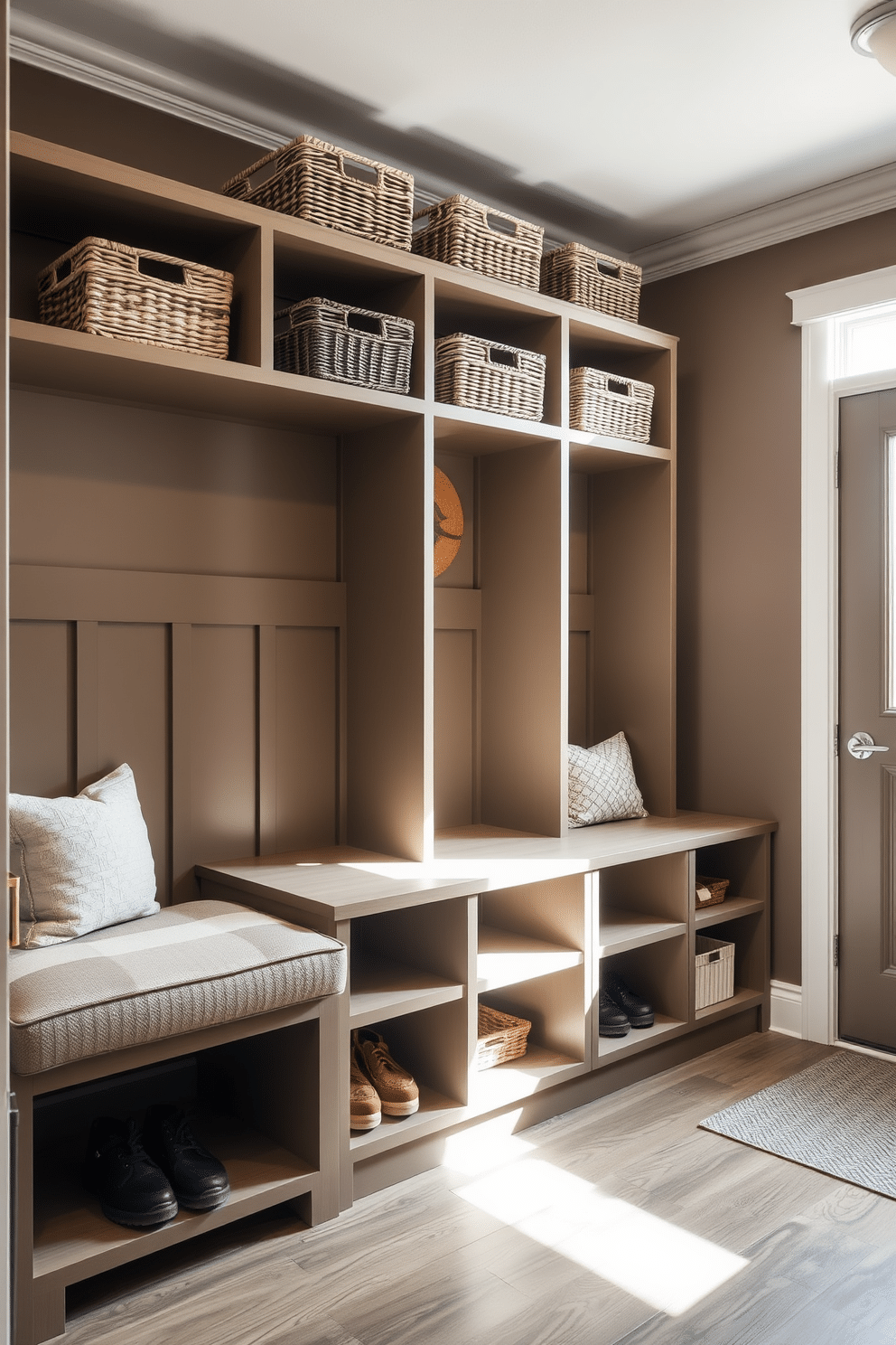 A functional mudroom featuring open shelving adorned with decorative baskets for organization and style. The walls are painted in a warm taupe, and a bench with a cushioned seat provides a comfortable spot for putting on shoes. The cubbies are designed to accommodate various items, with each section lined with soft fabric to protect belongings. Natural light pours in through a nearby window, highlighting the textures and colors of the space.