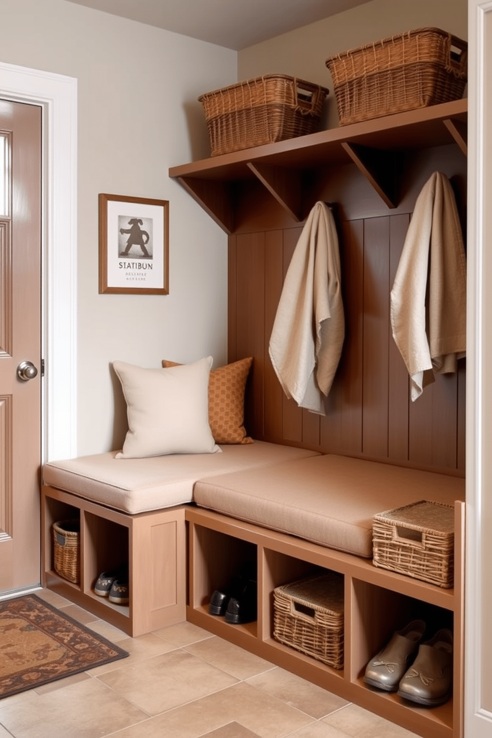 An inviting mudroom features an L-shaped bench designed for comfort, adorned with plush cushions in a soft, neutral fabric. Beneath the bench, ample cubby storage provides organized space for shoes and outdoor gear, with baskets adding a touch of warmth and style.