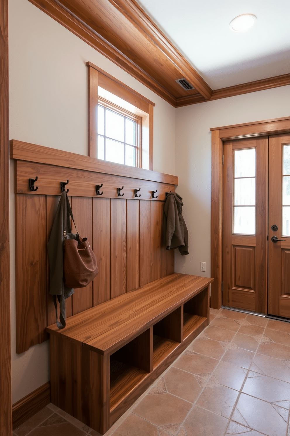 A functional mudroom featuring natural wood accents that bring warmth and charm. The space includes a built-in bench with storage cubbies above, surrounded by hooks for coats and bags, all crafted from rich, textured wood. The walls are painted a soft, neutral color that complements the wood, while a patterned tile floor adds interest and durability. A large window allows natural light to flood the space, enhancing the inviting atmosphere.