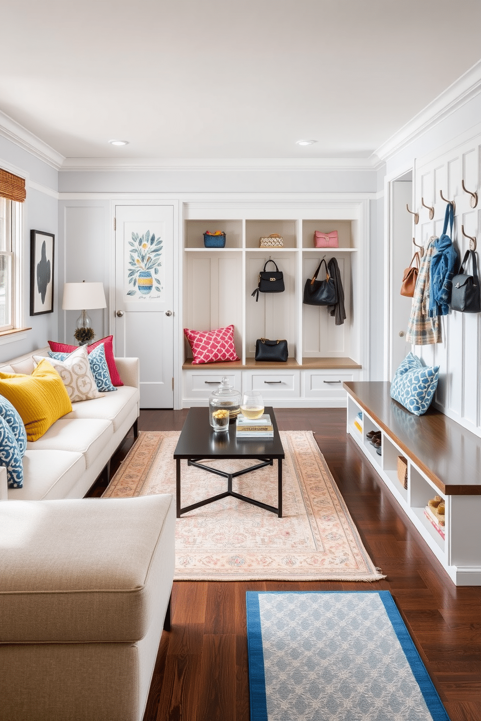 A cozy seating area features a plush sectional sofa adorned with an array of colorful cushions in various textures and patterns. A large area rug anchors the space, while a sleek coffee table sits at the center, surrounded by stylish accent chairs. The mudroom is designed with functional storage solutions, including built-in benches and cubbies for shoes and bags. A cheerful color palette of soft blues and whites enhances the space, complemented by decorative hooks for coats and a patterned runner rug.