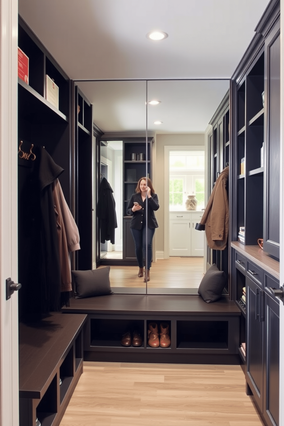 A stylish mudroom features a mirrored wall that provides a convenient space for quick outfit checks. The design includes built-in benches with soft cushions, hooks for coats, and a combination of open shelving and closed cabinets for organized storage.