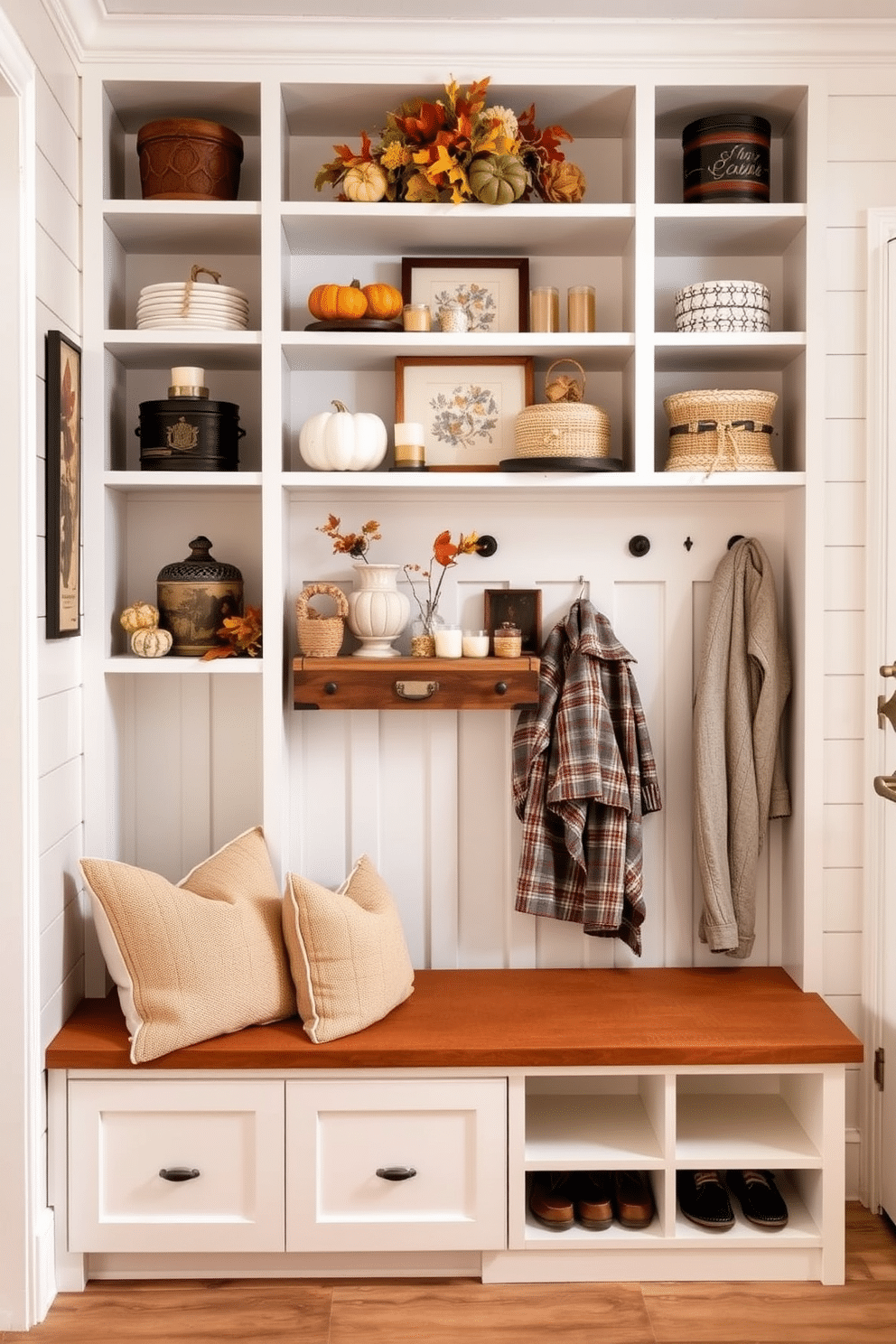 A seasonal decor display on shelves features an assortment of carefully curated items that reflect the current season. Warm autumn hues dominate the arrangement, with pumpkins, gourds, and colorful leaves interspersed among candles and cozy textiles. The mudroom design incorporates functional storage solutions and stylish elements for a welcoming entryway. A built-in bench with plush cushions is flanked by cubbies for shoes and hooks for coats, all set against a backdrop of shiplap walls in a soft, neutral tone.