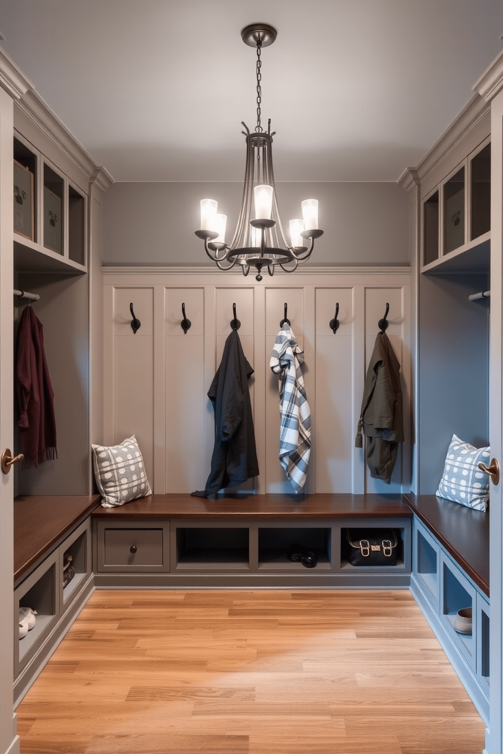 A stylish mudroom features built-in benches with soft cushions and hooks for coats, creating an organized entryway. The space is illuminated by a statement chandelier that adds brightness and a touch of elegance to the functional area.