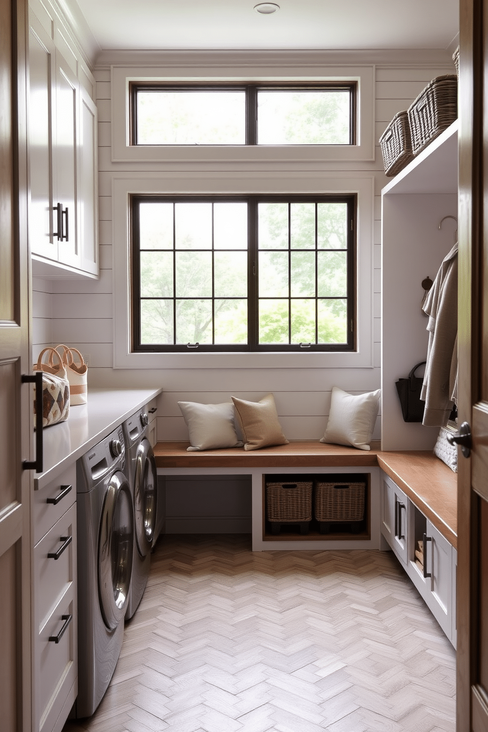 A functional laundry area seamlessly integrated with a mudroom features a spacious countertop for folding clothes, complemented by stylish cabinetry for storage. The walls are adorned with shiplap in a soft white hue, while durable tile flooring in a herringbone pattern enhances both aesthetics and practicality. In the mudroom section, a built-in bench with plush cushions provides a cozy spot for removing shoes, paired with hooks above for hanging coats and bags. Natural light floods the space through a large window, highlighting decorative baskets that keep the area organized and inviting.