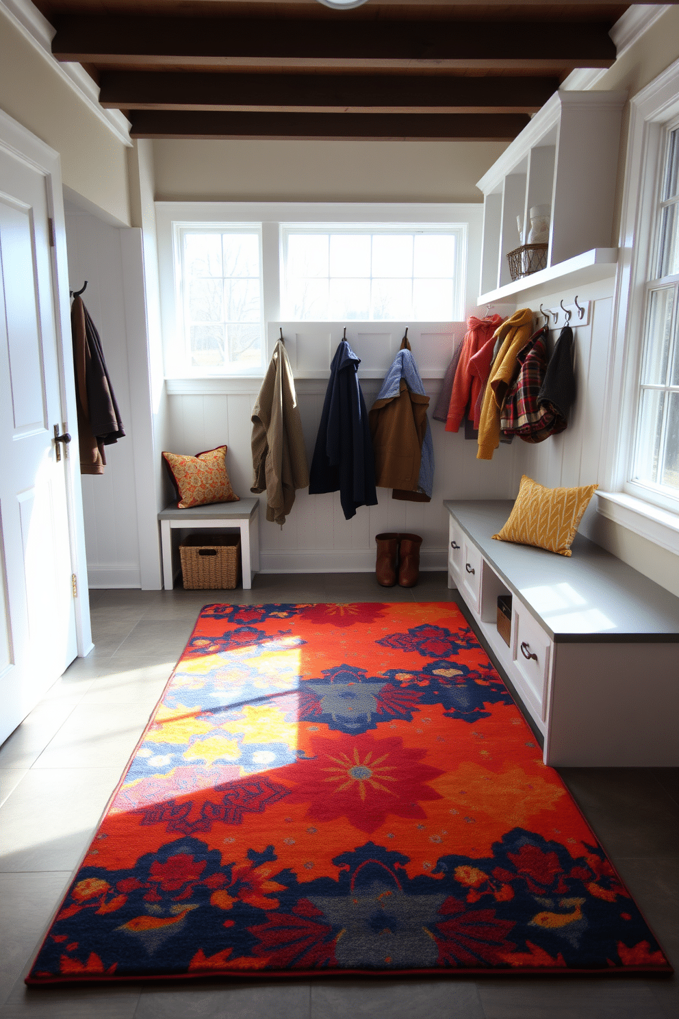 A vibrant area rug in rich hues of blue, orange, and yellow adds warmth and comfort to the mudroom. The rug complements the space, which features built-in benches and hooks for coats, creating a welcoming entryway. The mudroom showcases a functional layout with durable tile flooring and ample storage solutions. Natural light floods the room through a large window, enhancing the cheerful atmosphere created by the colorful rug.