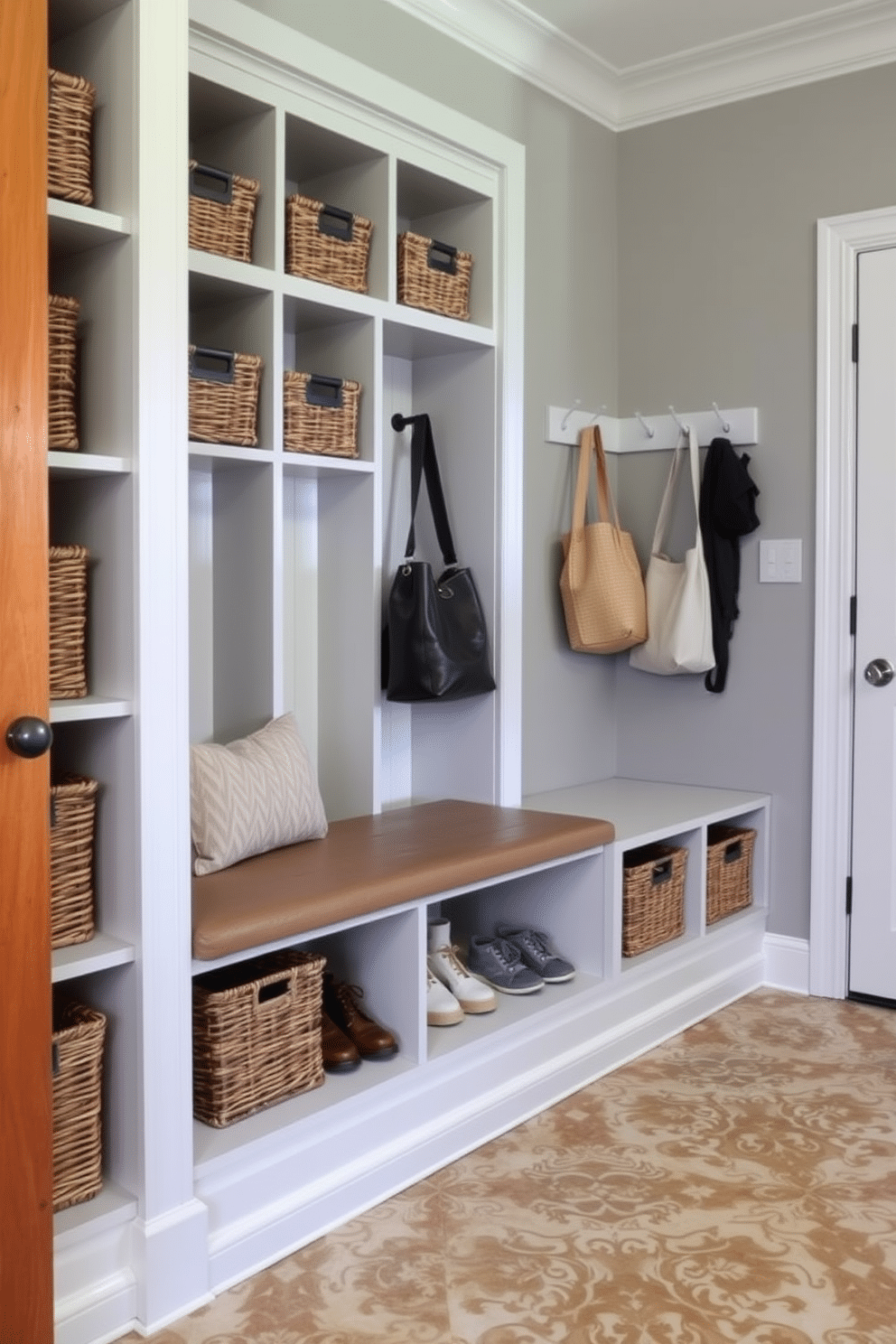 A stylish mudroom featuring organized baskets for storage. The space includes built-in cubbies with woven baskets, providing a chic solution for shoes and outdoor gear. The walls are painted a soft gray, complemented by a durable, patterned tile floor. A bench with a plush cushion sits below a row of hooks for coats and bags, enhancing both functionality and aesthetics.