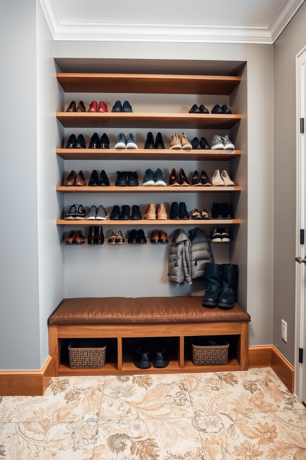 Open shelving for easy access to shoes. The mudroom features a stylish arrangement of wooden shelves, neatly displaying a variety of shoes in an organized manner. The walls are painted in a soft gray hue, complemented by a durable, patterned tile floor that adds visual interest. A bench with plush cushions is positioned beneath the shelves, providing a comfortable spot for putting on or taking off shoes.