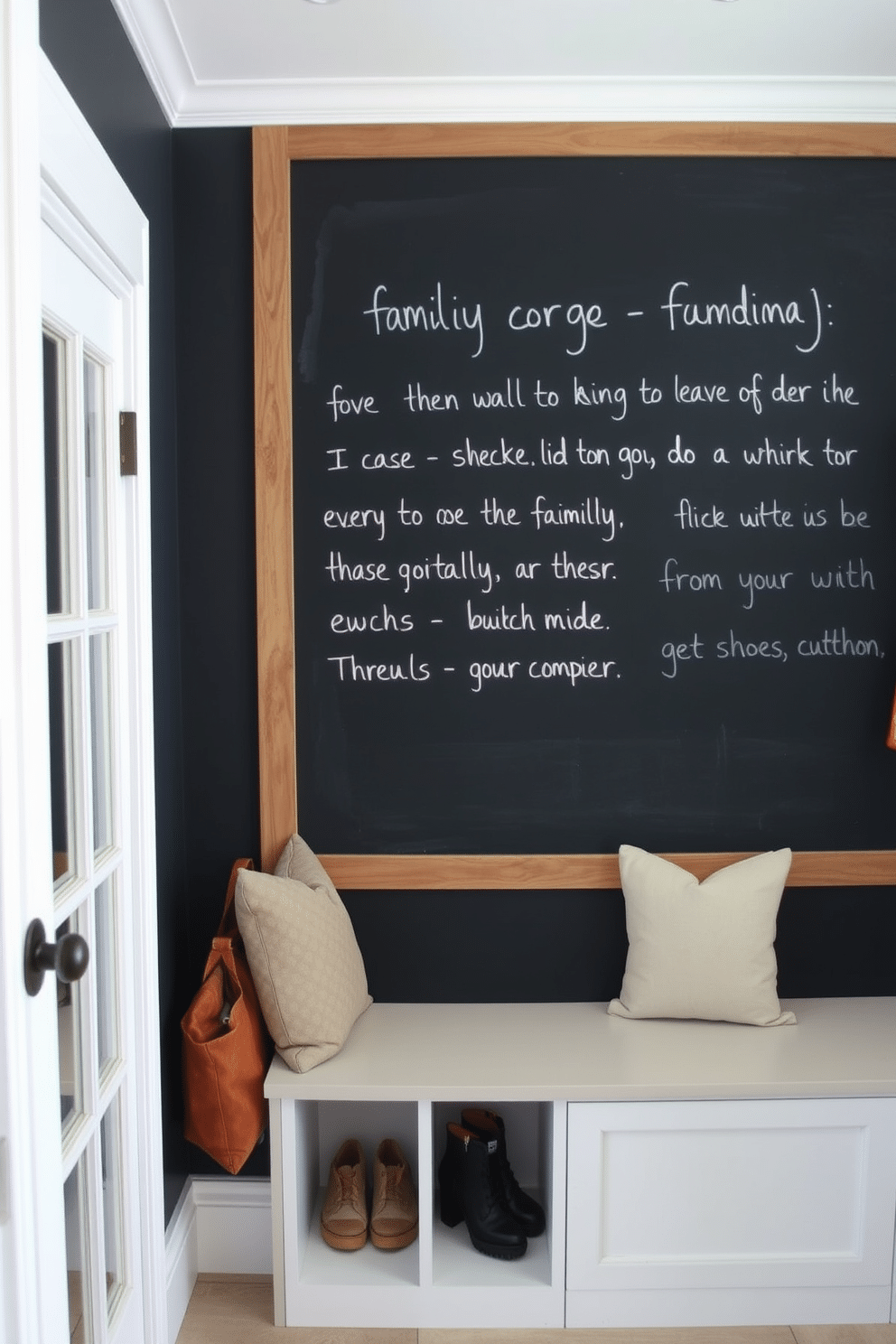 A chalkboard wall serves as a functional and creative space for family messages, allowing everyone to leave notes, reminders, or artwork. The wall is framed with a rustic wooden border, enhancing the cozy atmosphere of the room. The mudroom features built-in benches with plush cushions and storage cubbies for shoes and bags. Soft, muted colors and durable materials create a welcoming yet practical environment, perfect for everyday use.