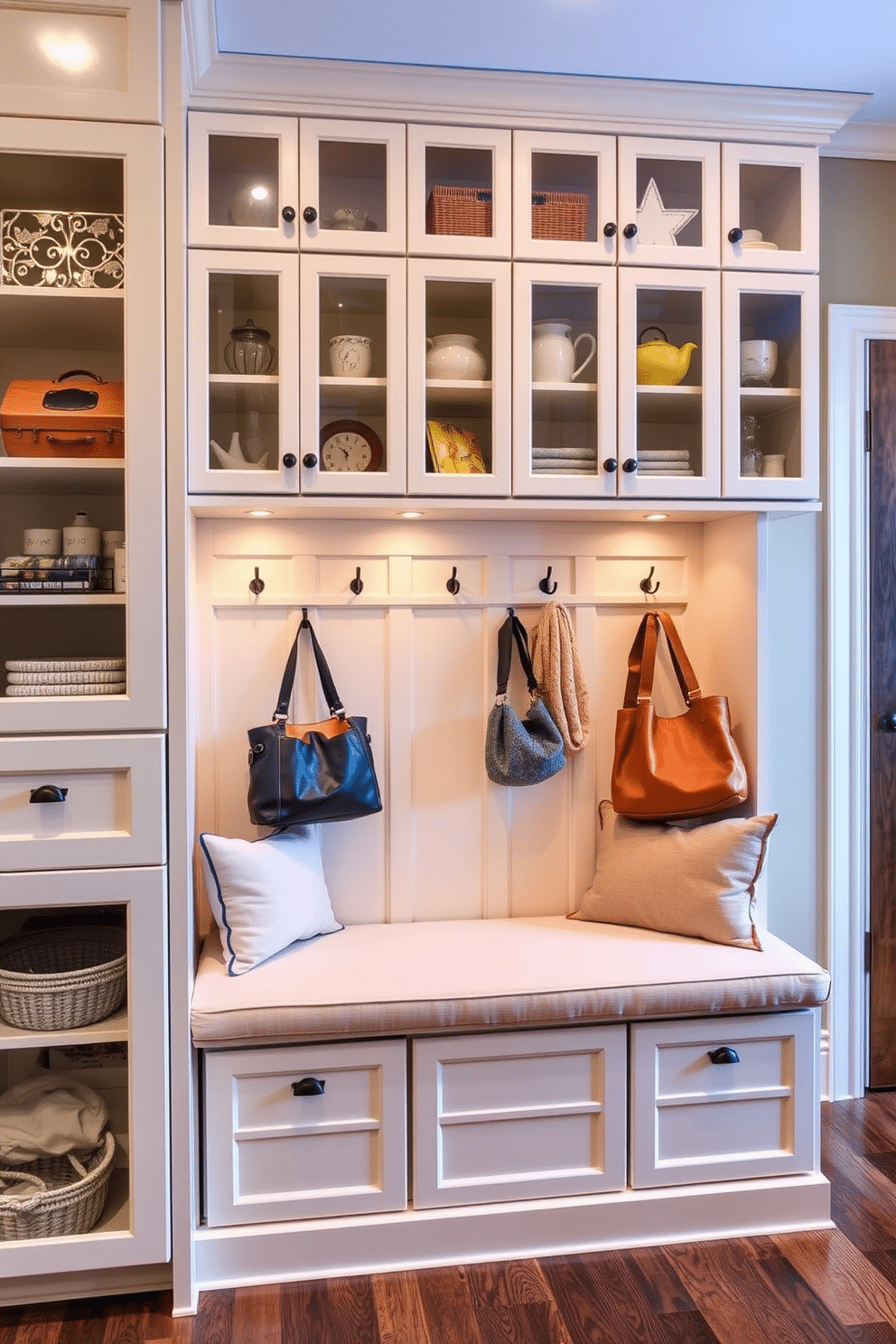 A stylish mudroom featuring glass front cabinets designed to showcase an array of decorative items and practical storage solutions. The space includes a built-in bench with plush cushions, surrounded by hooks for coats and bags, all set against a backdrop of warm, inviting colors.