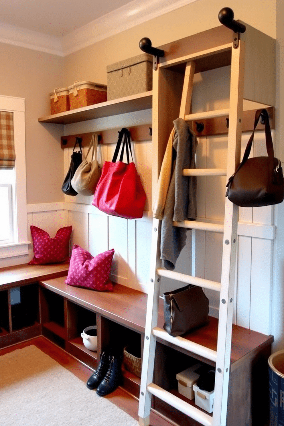 A functional mudroom featuring a stylish ladder for hanging extra bags and coats. The space is designed with built-in benches and cubbies, creating an organized and welcoming entryway.