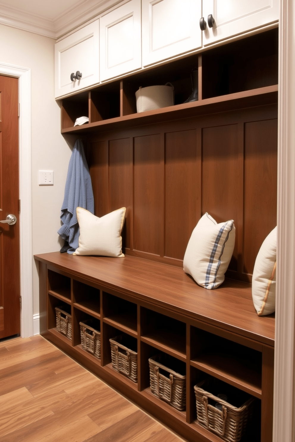 A stylish mudroom features a built-in bench with soft cushions, providing a comfortable spot to sit while putting on shoes. Below the bench, ample shoe storage is cleverly integrated, with wooden cubbies and baskets to keep the space organized and clutter-free.