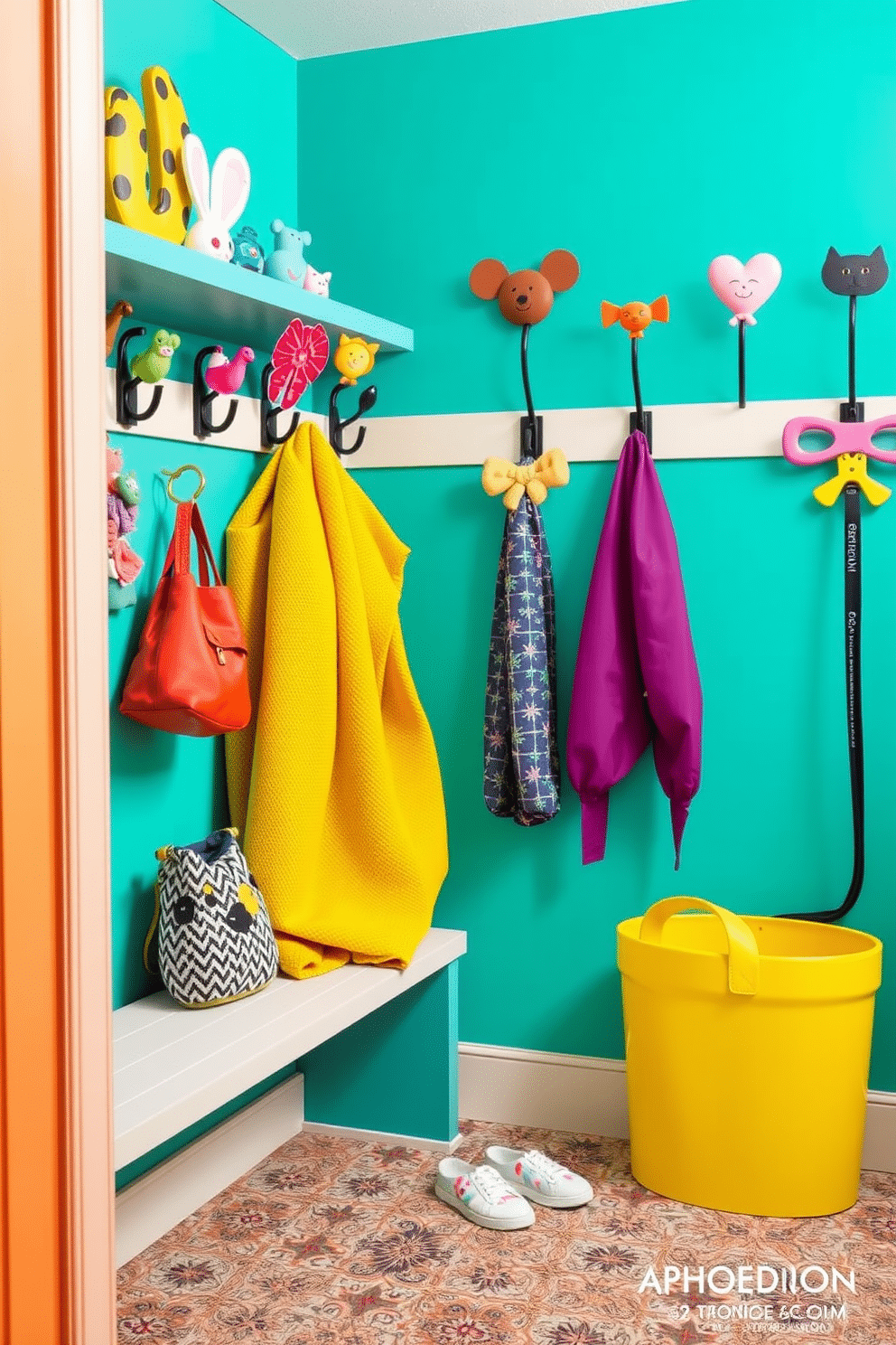 A vibrant mudroom filled with decorative hooks in fun shapes and colors, providing an inviting and playful atmosphere. The walls are painted in a cheerful hue, and the flooring features a durable, textured material that complements the lively decor.