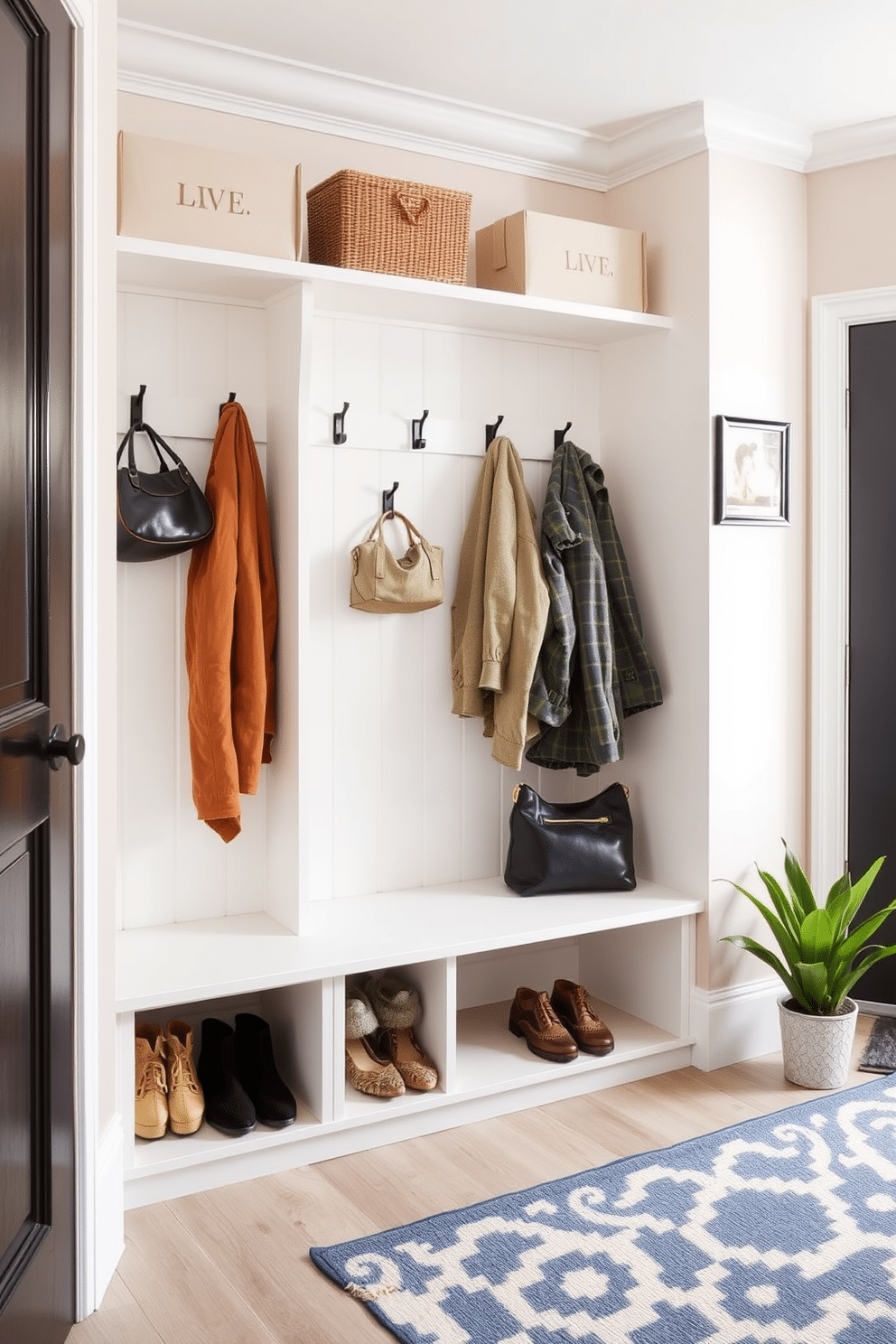 A stylish mudroom featuring dual-purpose furniture that maximizes functionality. The space includes a sleek bench with integrated storage for shoes and bags, complemented by wall-mounted hooks for coats and accessories. The walls are painted in a soft, inviting color, while the flooring is durable yet stylish, perfect for high traffic. A decorative area rug adds warmth, and a small potted plant brings a touch of nature to the space.