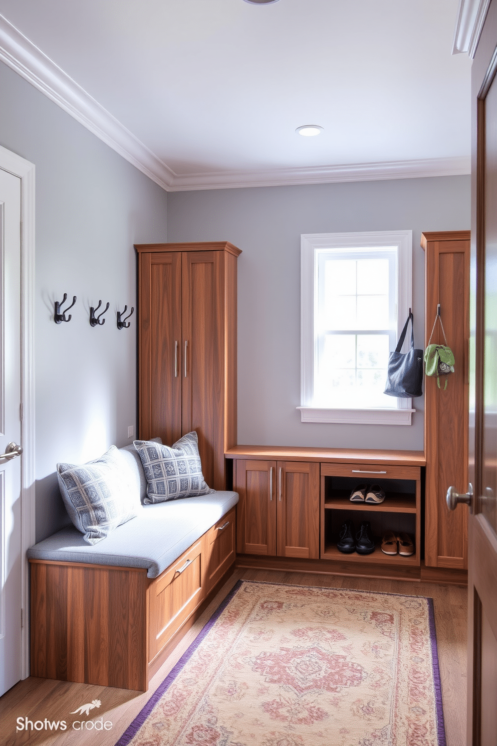 A stylish mudroom featuring built-in cabinets for organized storage, crafted from rich oak with a sleek finish. The cabinets are complemented by a bench upholstered in a durable fabric, providing a comfortable spot to sit while removing shoes. The walls are painted in a soft gray hue, creating a calming atmosphere, while decorative hooks are mounted for hanging coats and bags. A patterned area rug adds warmth to the space, and natural light floods in through a nearby window, enhancing the inviting feel of the room.