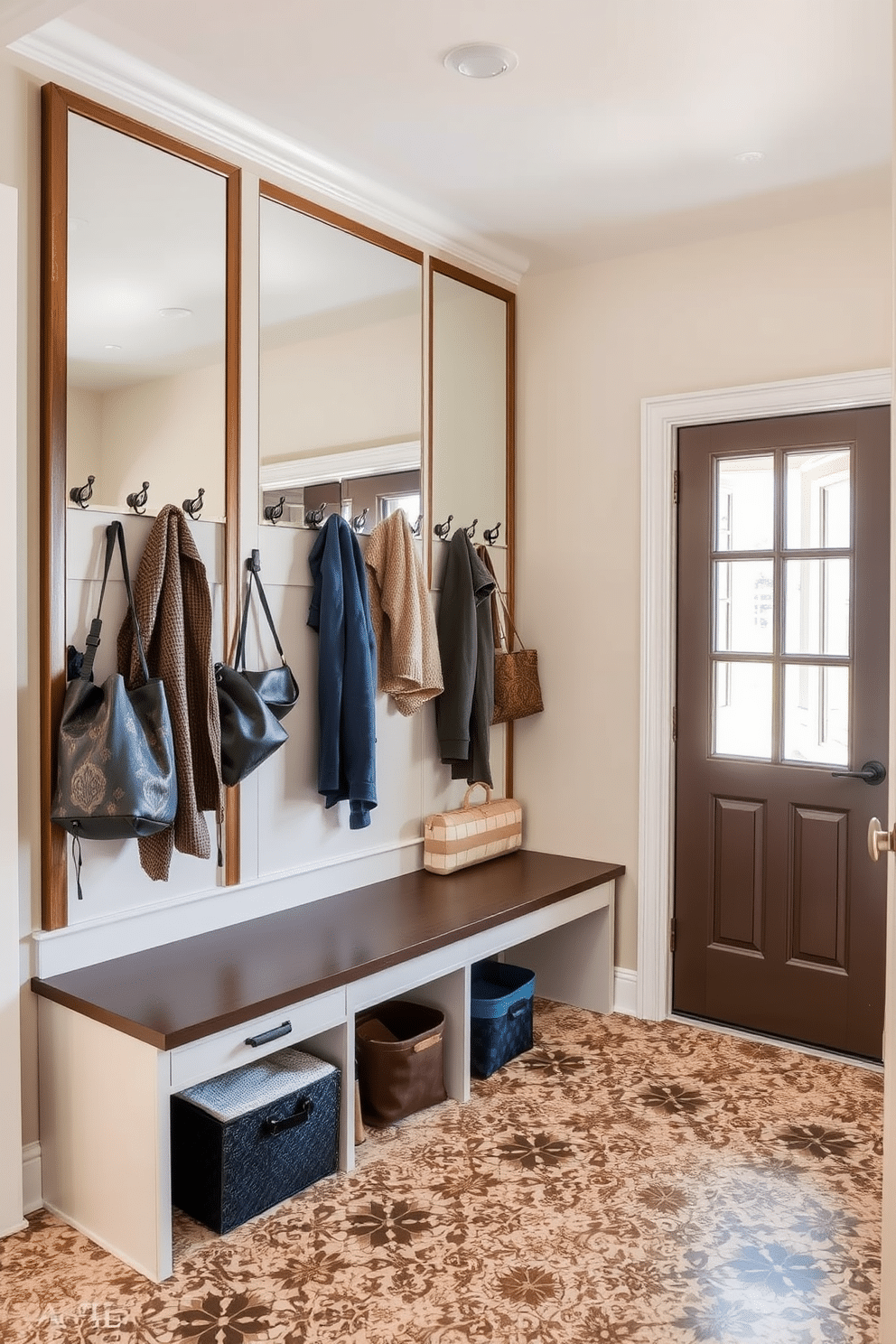 A stylish mudroom features a combination of functionality and aesthetics. The space includes a built-in bench with storage underneath, surrounded by wall-mounted hooks for coats and bags. Large mirrors are strategically placed to enhance the perception of space, reflecting natural light and making the area feel more open. The walls are painted in a soft, welcoming color, while the floor is adorned with durable, patterned tiles that add visual interest.