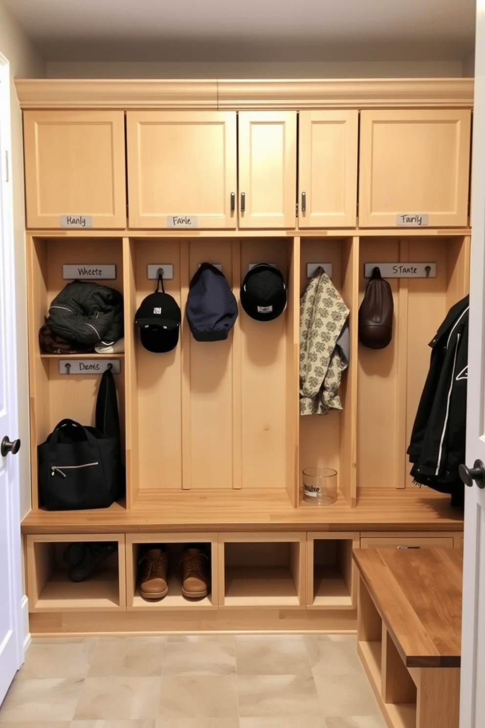 A functional mudroom featuring personalized cubbies for each family member's items, designed with a blend of practicality and style. Each cubby is framed with natural wood, showcasing individual name tags, while the walls are painted in a soft, welcoming hue to create an inviting atmosphere.