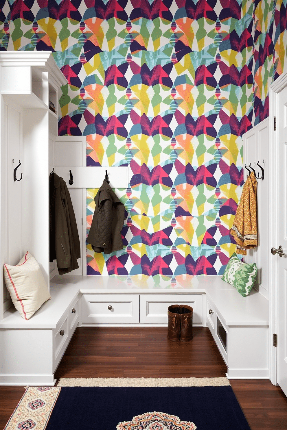 A striking mudroom featuring an accent wall adorned with bold, geometric wallpaper in vibrant colors. The space includes built-in benches with plush cushions, hooks for coats, and a stylish area rug that complements the wallpaper design.